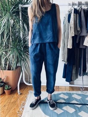 PO-EM Deck Pants Blue Printed Cotton Handwoven Artisan Elastic Waist XS
